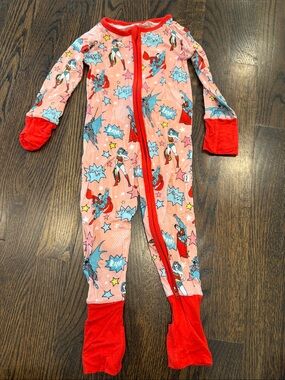 Little Sleepies Pink Superhero Footed One-Piece Pajamas with Red Trim